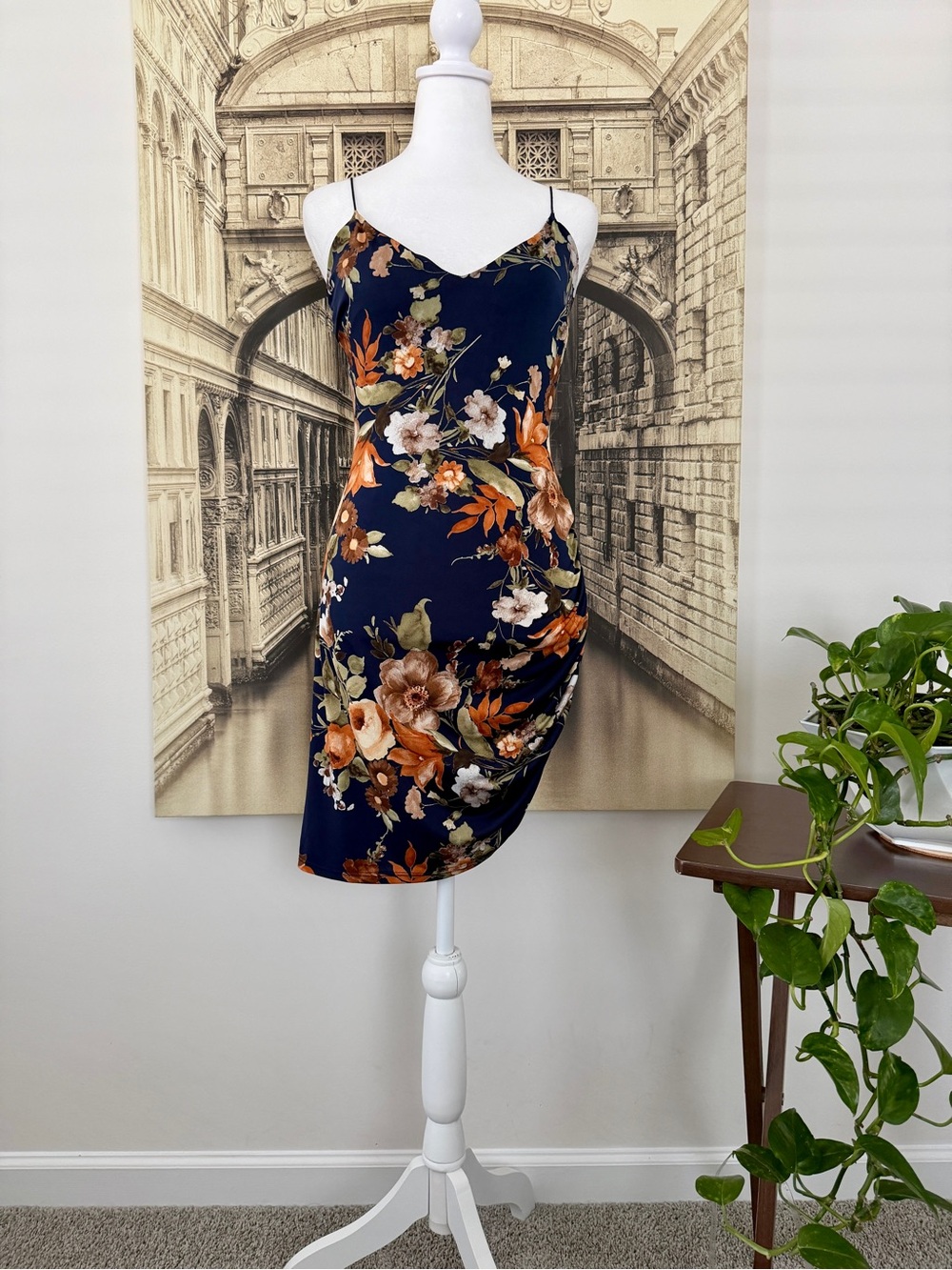Preloved Windsor Navy Floral Ruched Asymmetric Bodycon Mini Dress
